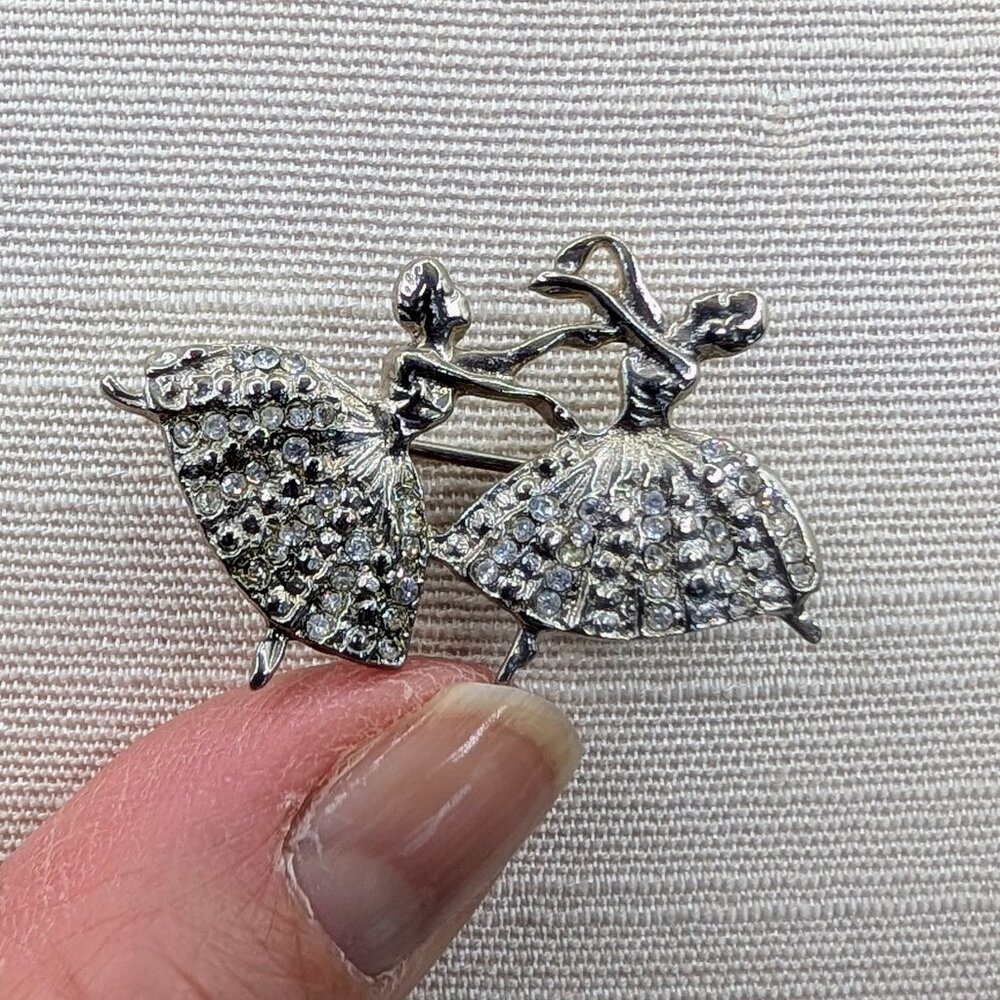 Silver tone Rhinestone Brooch - Two Dancing Ballerinas - Vintage